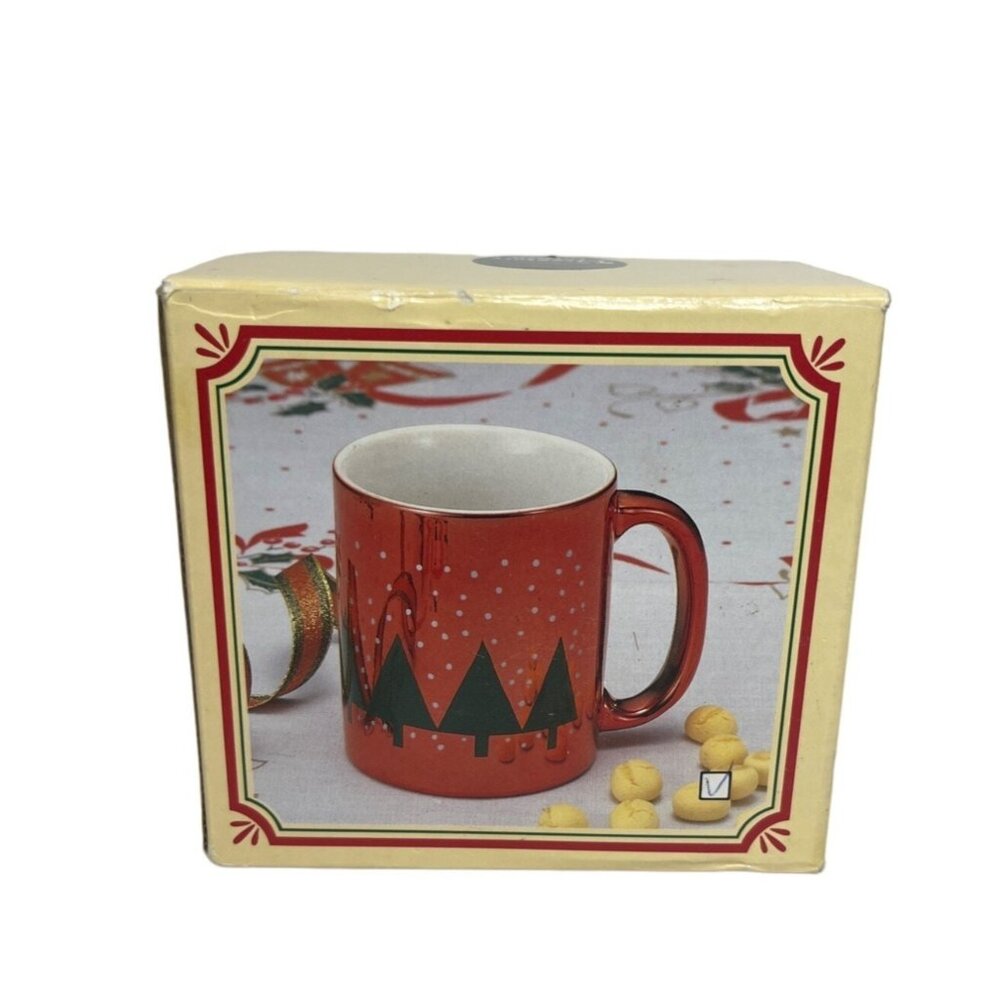 Gift Treasury Metallic Coffee Mug In Box Red Christmas Trees Gift